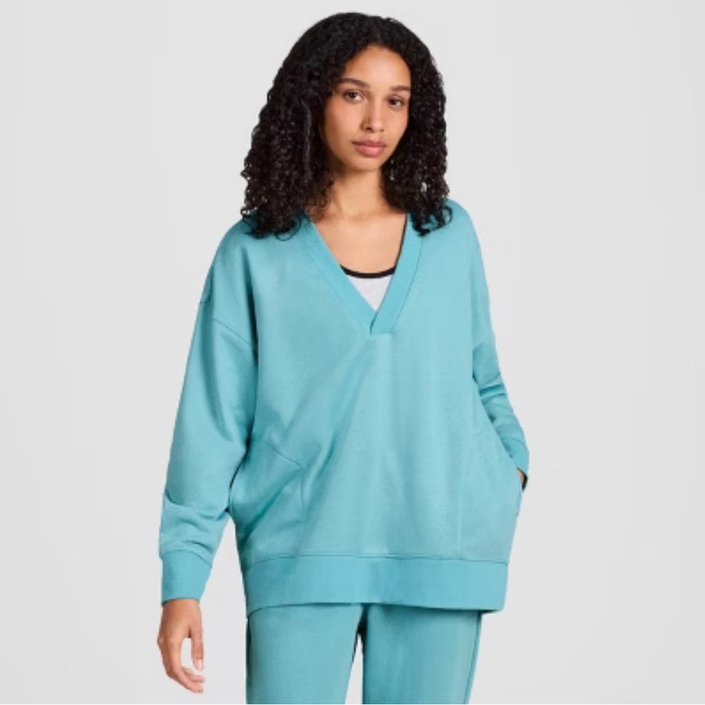 Champion Long Sleeve V-Neck French Terry Pullover Teal Blue XS oversized - Picture 2 of 10